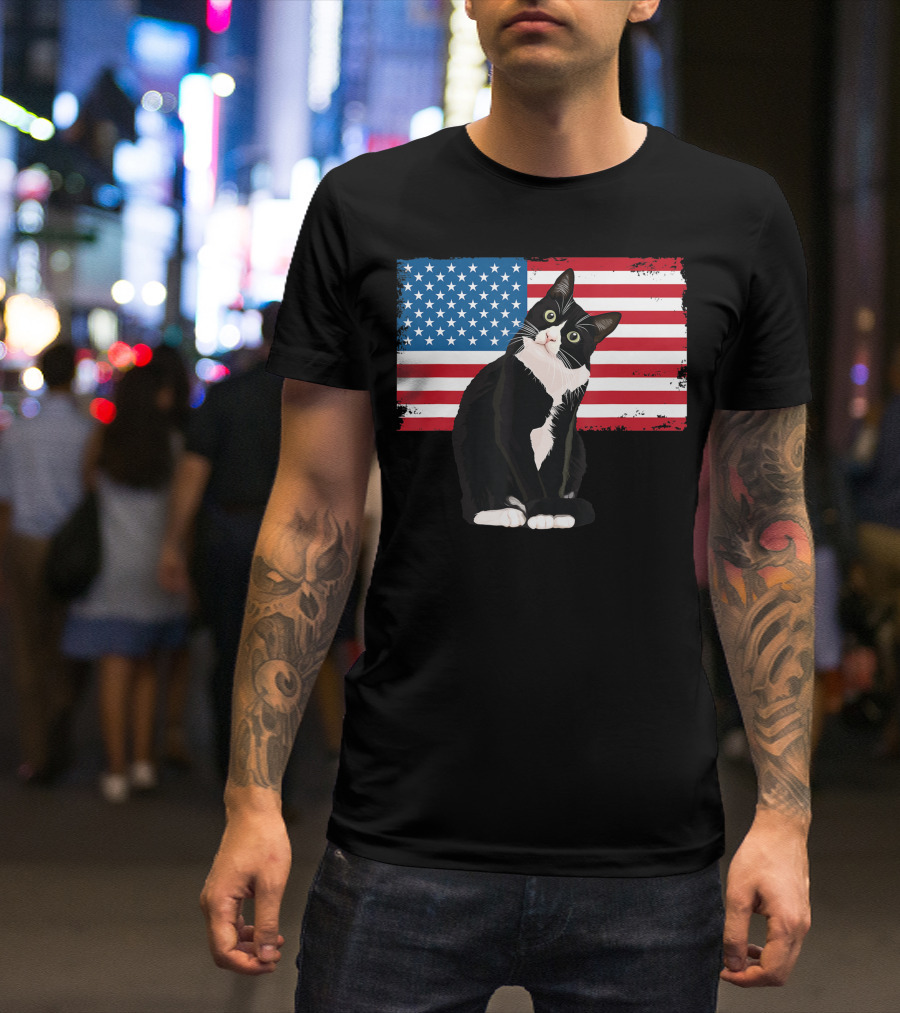 Tuxedo Cat 4th Of July Patriotic Adults Kids American Flag T-Shirt