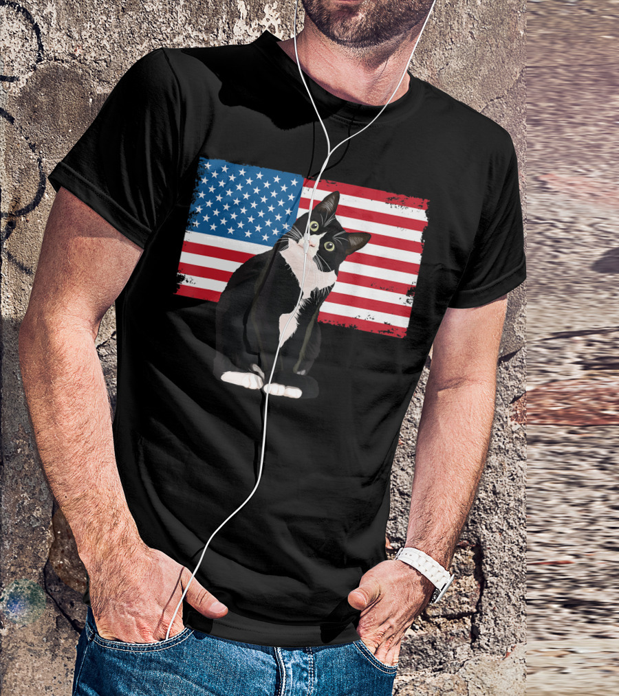 Tuxedo Cat 4th Of July Patriotic Adults Kids American Flag T-Shirt
