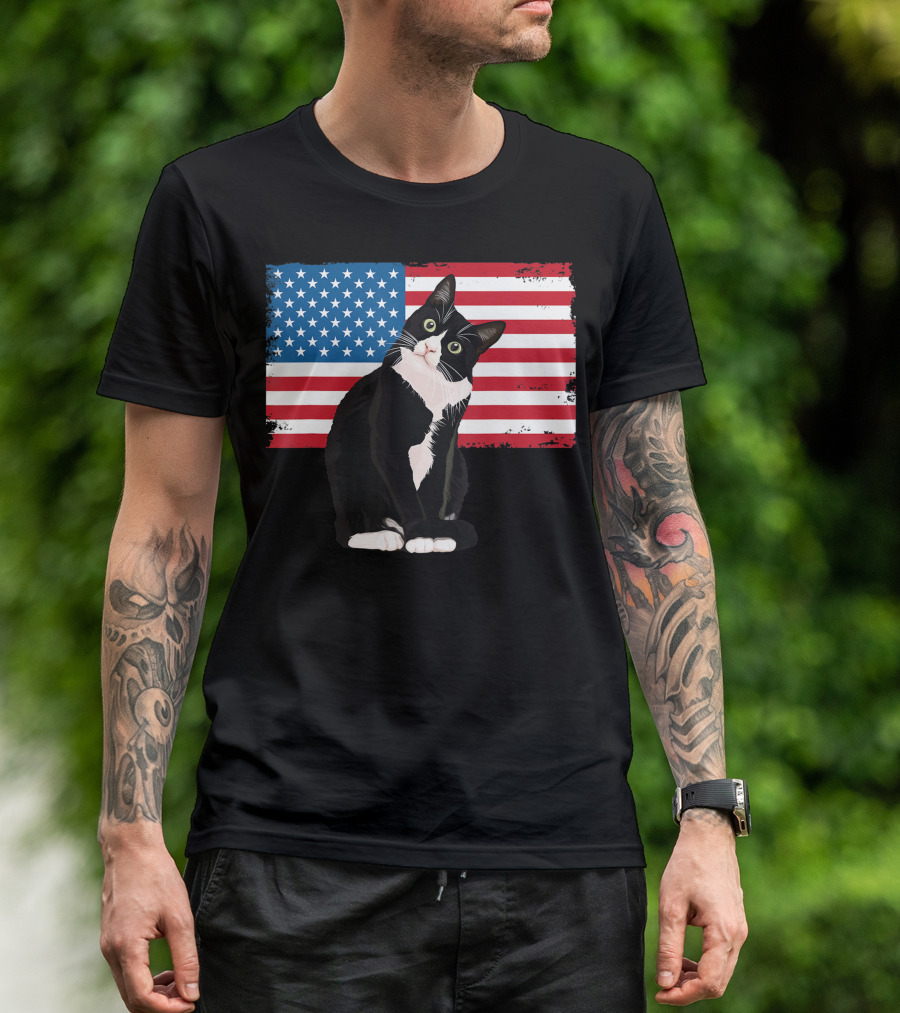 Tuxedo Cat 4th Of July Patriotic Adults Kids American Flag T-Shirt