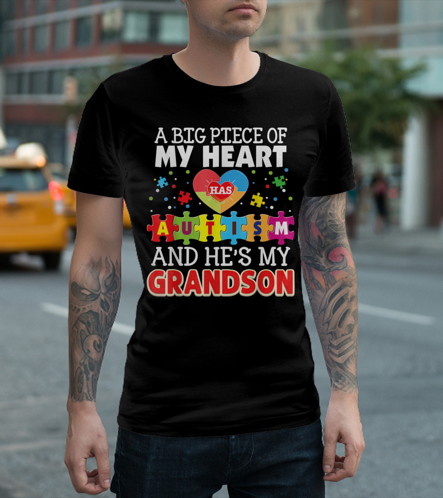 A Big Piece Of My Heart Has Autism And He's My Grandson Puzzle Heart T-Shirt