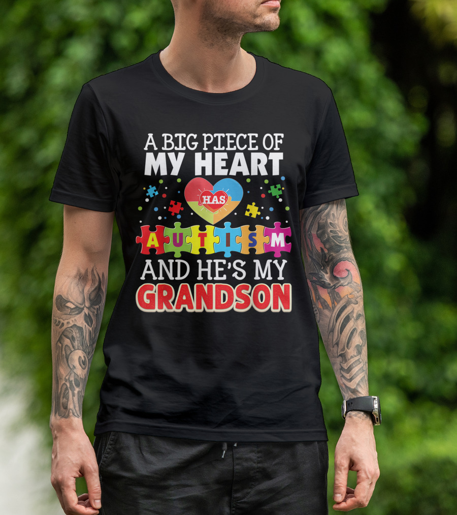A Big Piece Of My Heart Has Autism And He's My Grandson Puzzle Heart T-Shirt