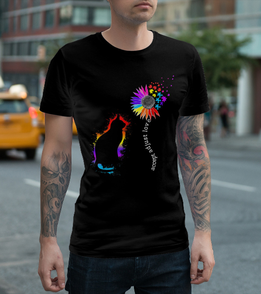 Accept Adjust Love Autism Awareness Cat and Sunflower Puzzle Pieces T-Shirt