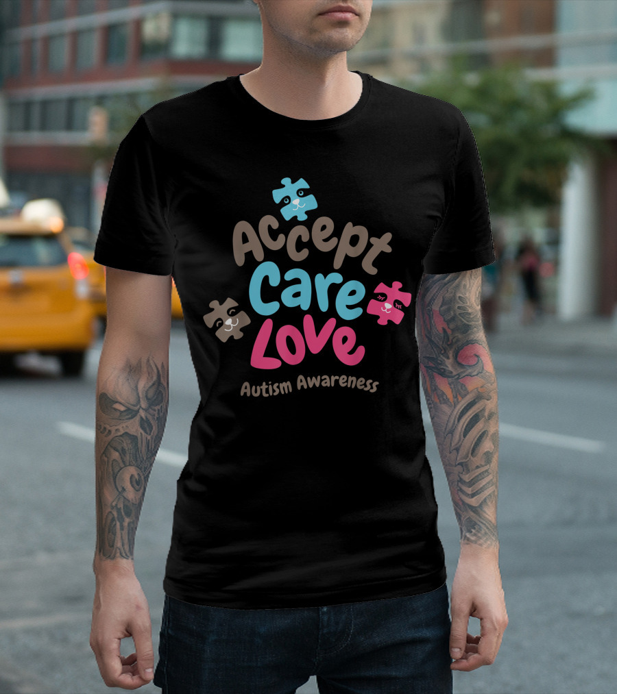 Accept Care Love Autism Awareness Puzzle Pieces T-Shirt