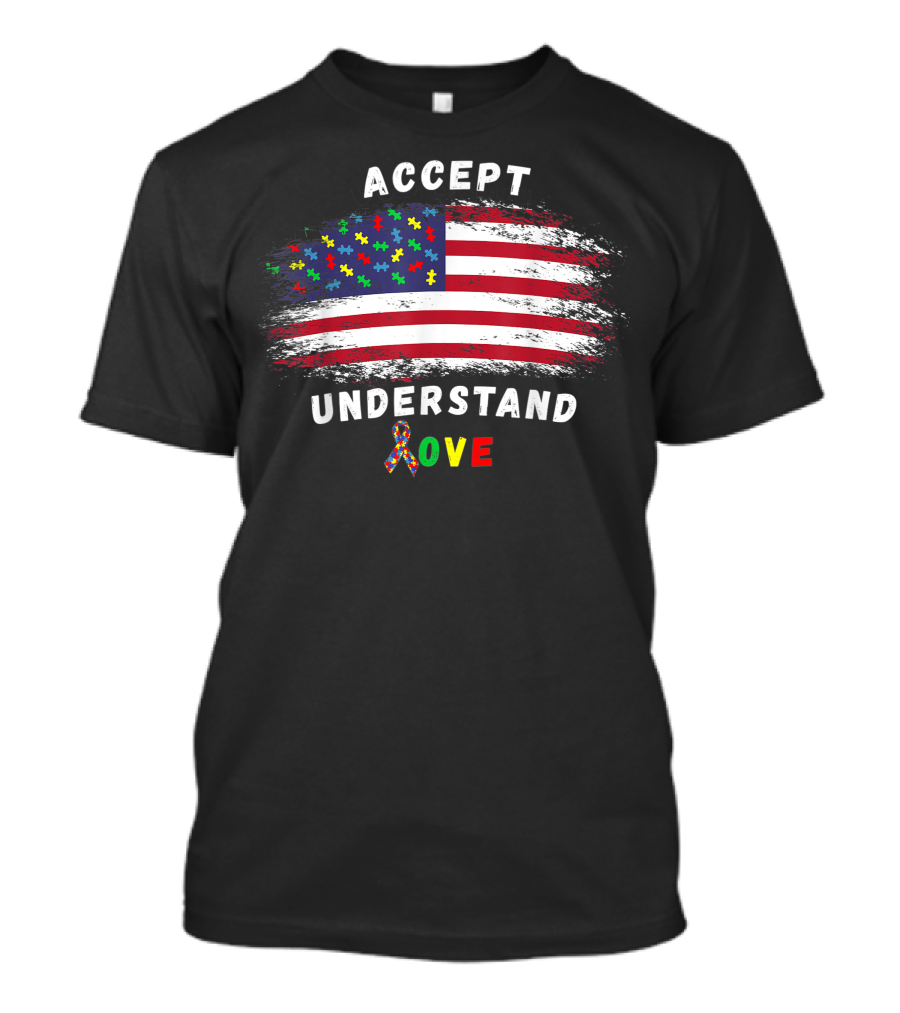 Accept Understand Love Autism Awareness American Flag Puzzle T-Shirt