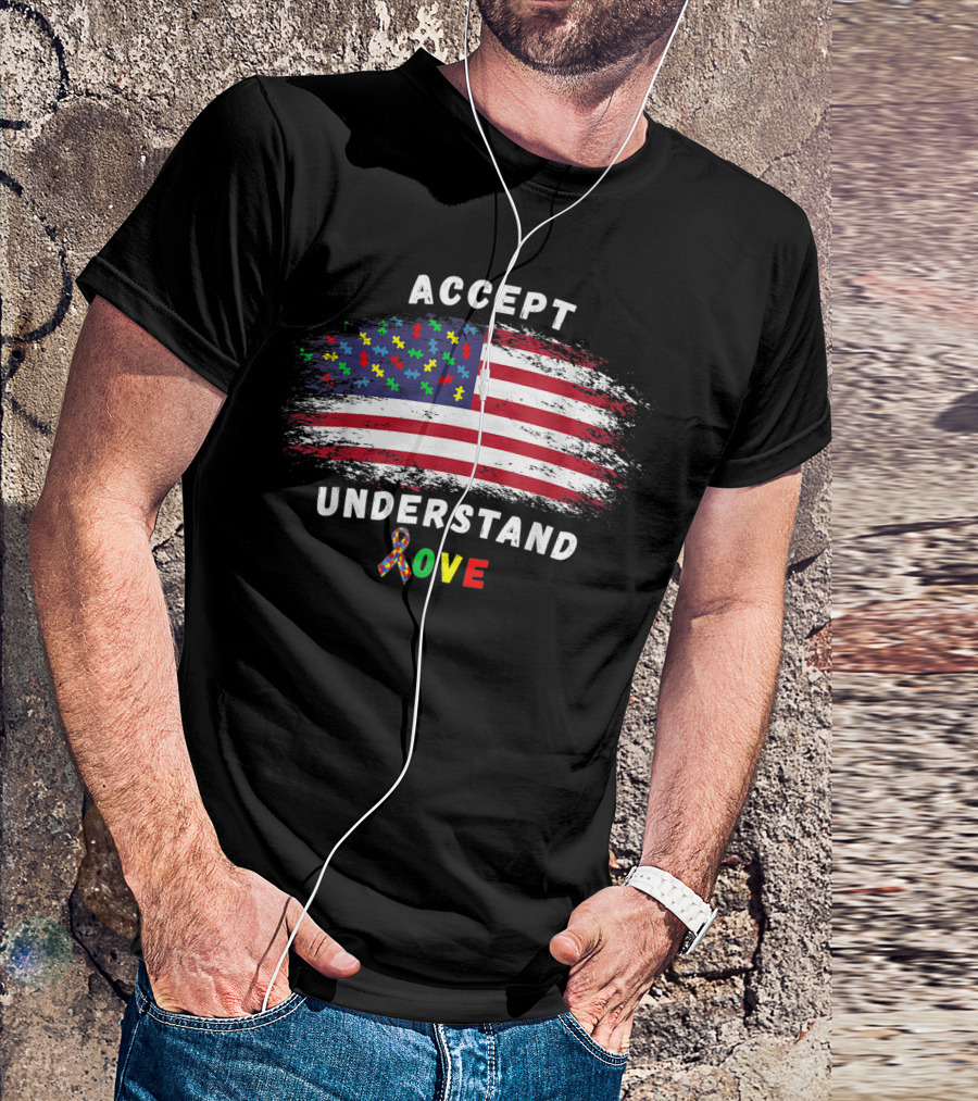 Accept Understand Love Autism Awareness American Flag Puzzle T-Shirt