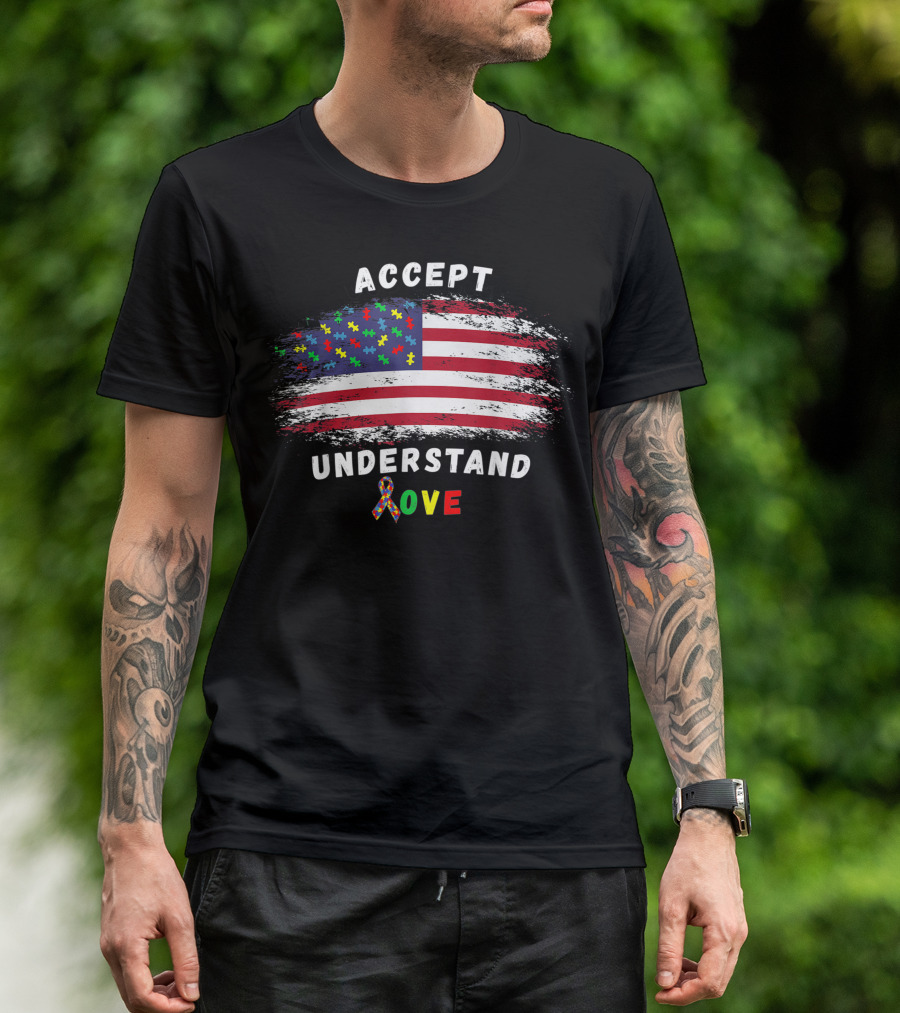 Accept Understand Love Autism Awareness American Flag Puzzle T-Shirt