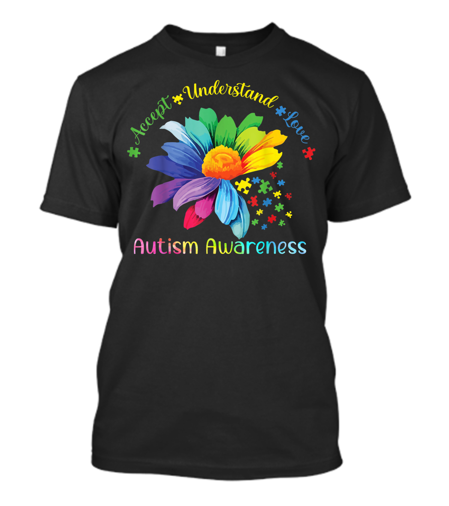 Accept Understand Love Rainbow Sunflower Puzzle Autism Awareness T-Shirt