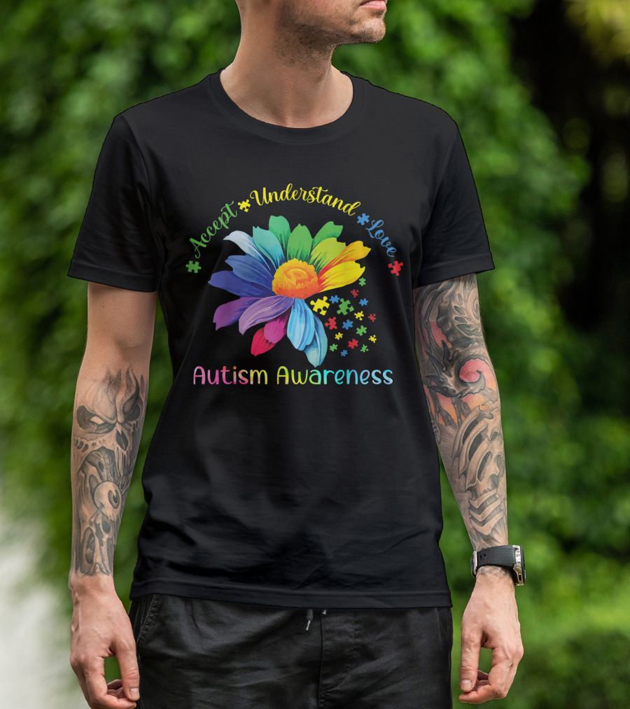 Accept Understand Love Rainbow Sunflower Puzzle Autism Awareness T-Shirt