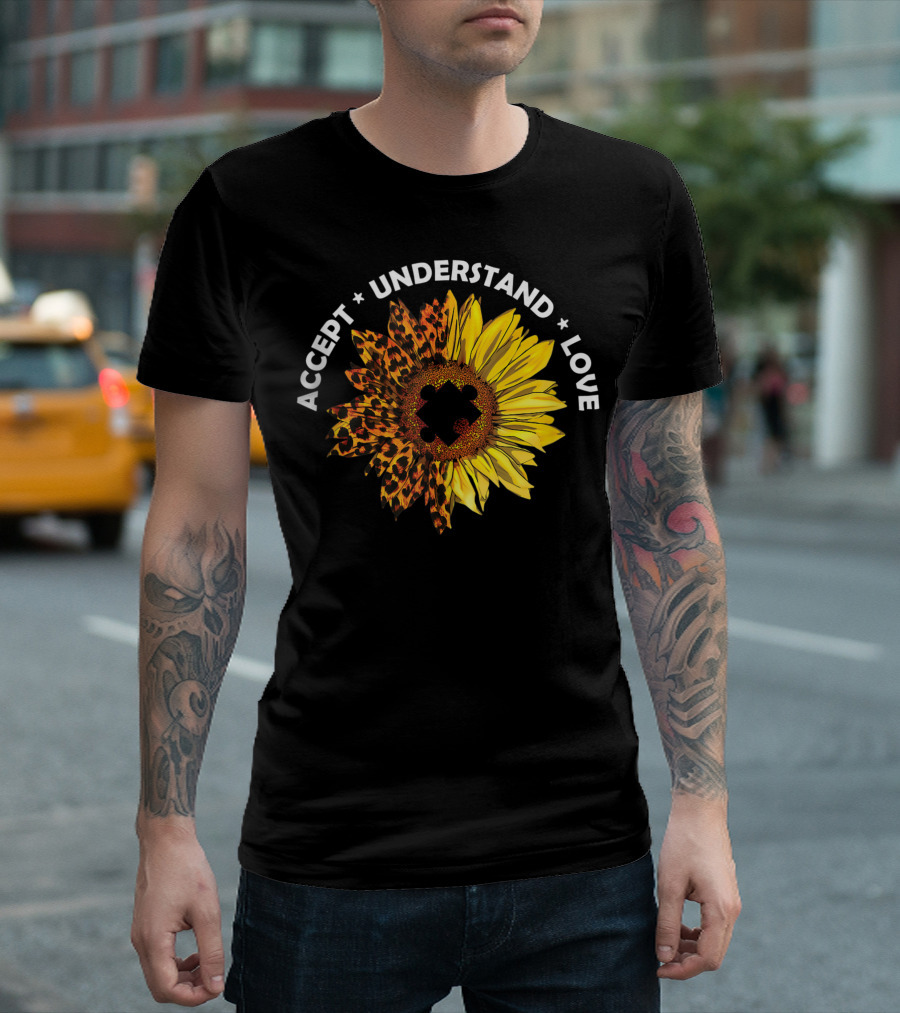 Accept Understand Love Sunflower Leopard Autism Teacher T-Shirt