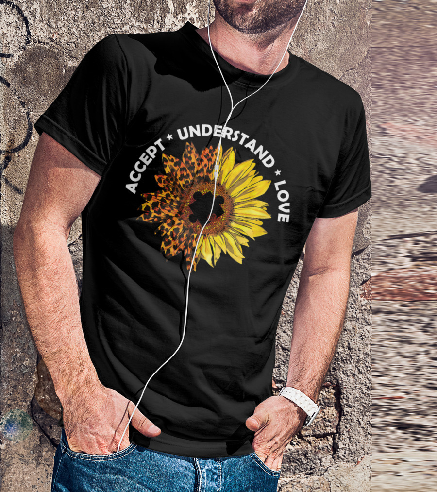 Accept Understand Love Sunflower Leopard Autism Teacher T-Shirt