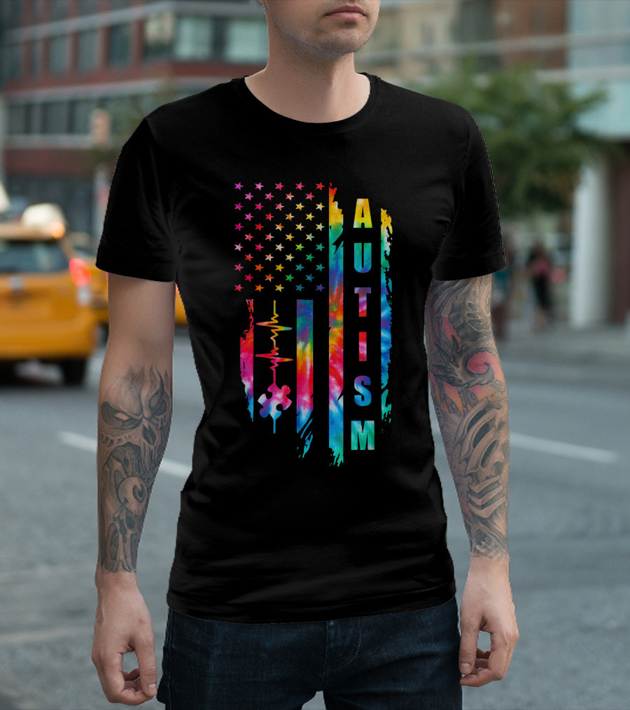 American Flag Autism Awareness Rainbow Puzzle Heartbeat T-Shirt