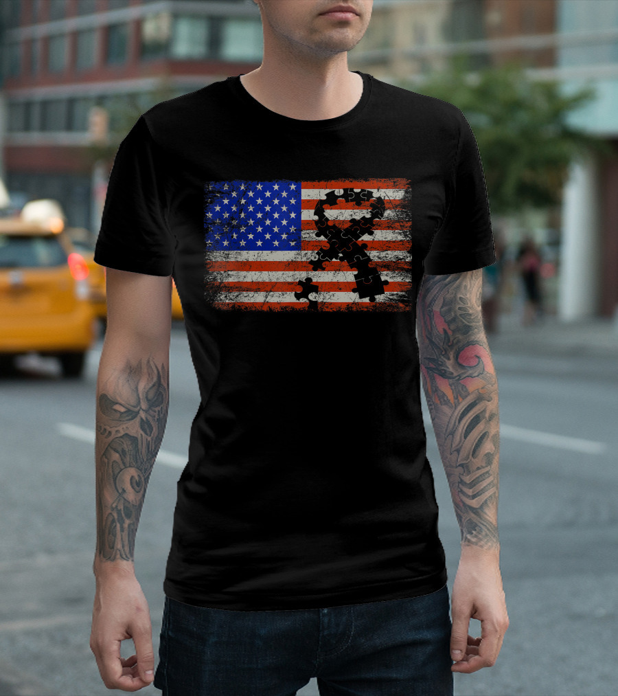 American Flag Puzzle Piece Ribbon Autism Awareness T-Shirt