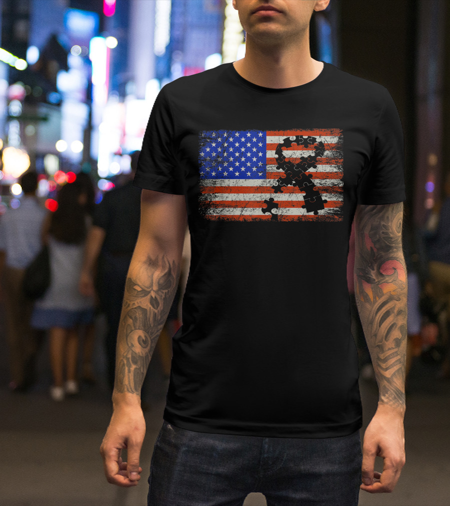 American Flag Puzzle Piece Ribbon Autism Awareness T-Shirt