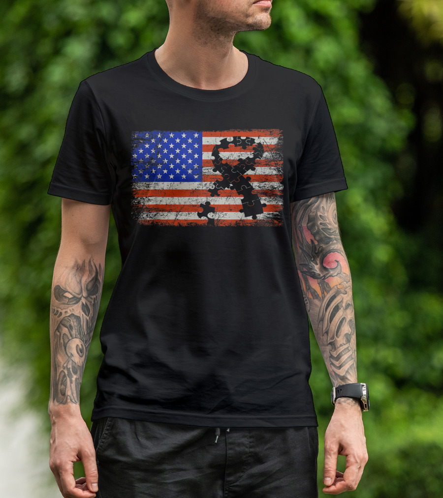 American Flag Puzzle Piece Ribbon Autism Awareness T-Shirt