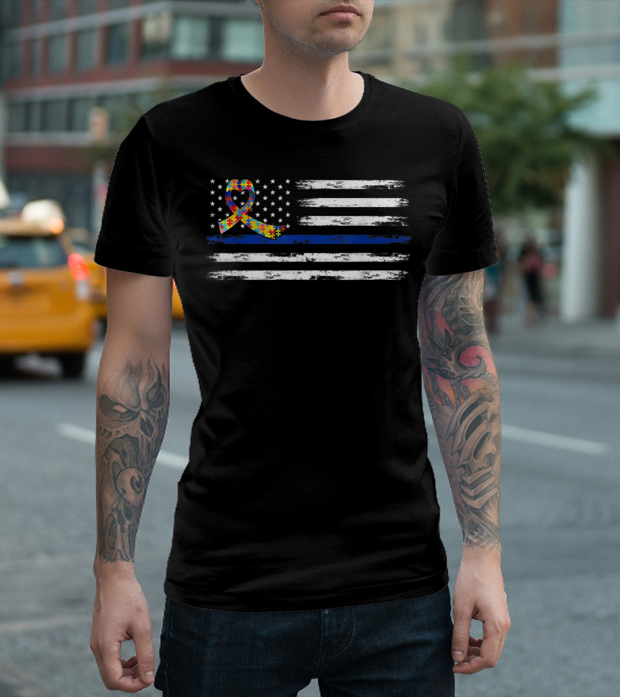 American Flag Thin Blue Line Autism Awareness Puzzle Piece Support Autistic T-Shirt