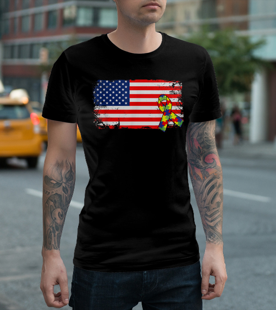American Flag Autism Awareness Puzzle Ribbon Difference T-Shirt