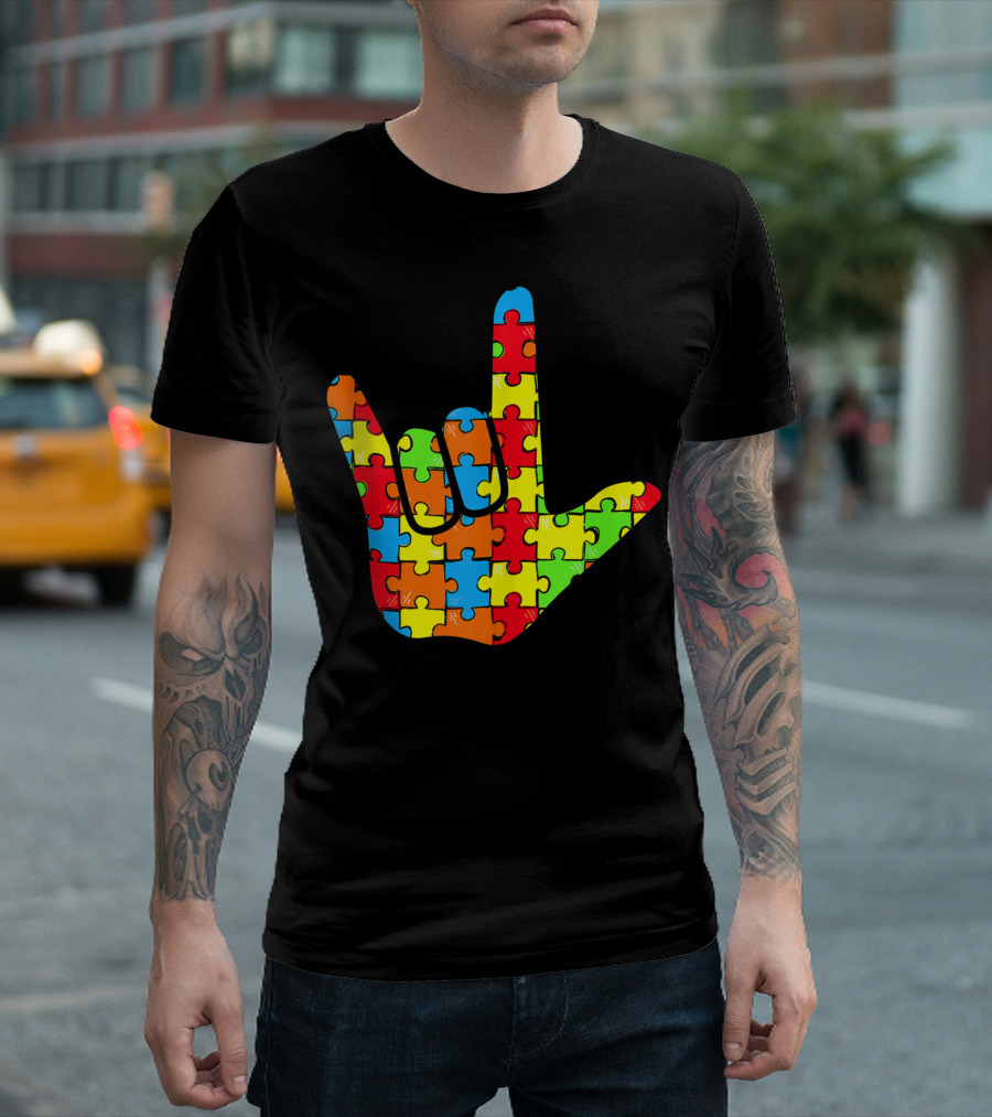 ASL Love Autism Awareness Support Sign Language Puzzle T-Shirt