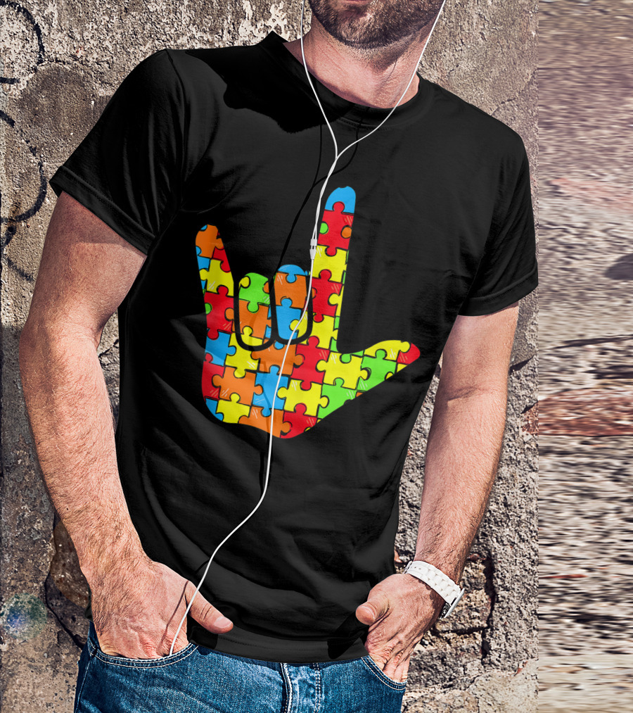 ASL Love Autism Awareness Support Sign Language Puzzle T-Shirt