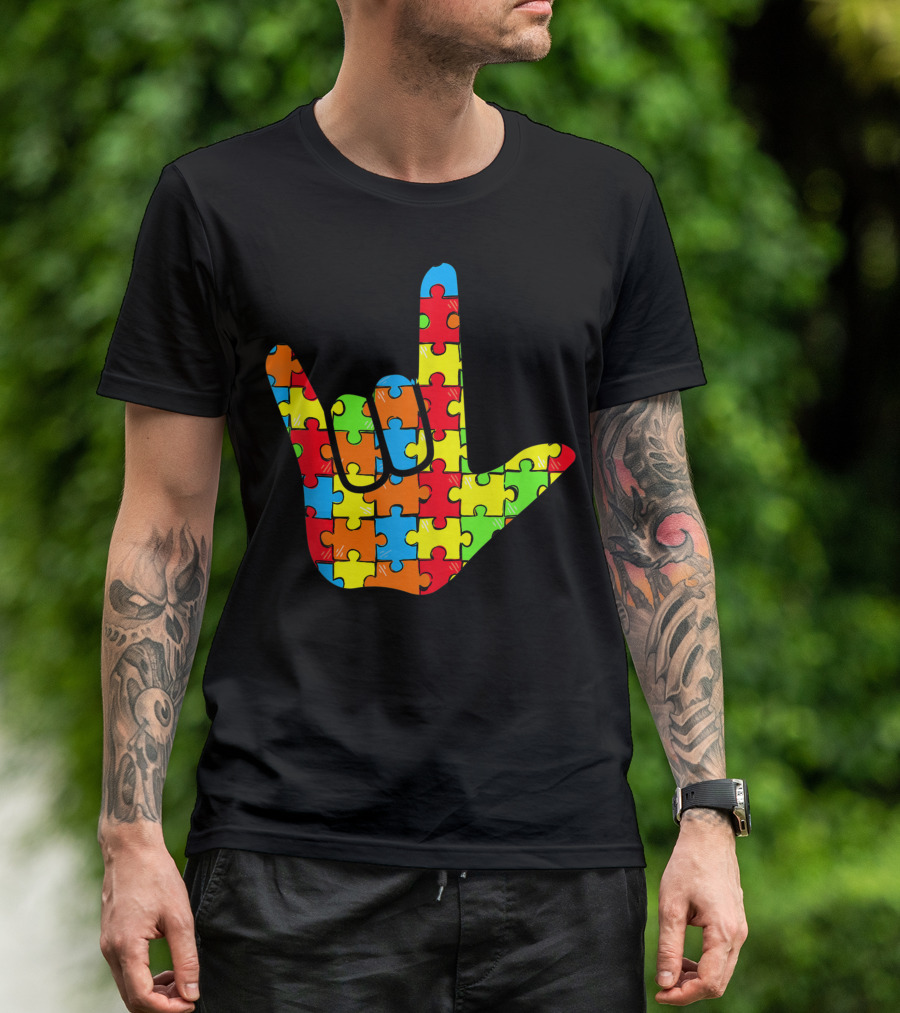 ASL Love Autism Awareness Support Sign Language Puzzle T-Shirt