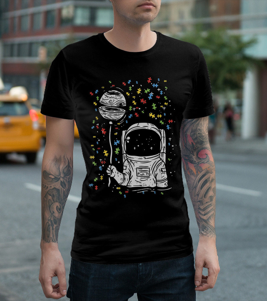 Autism Awareness Astronaut Holding Planet Balloon with Puzzle Pieces for Space Kids Boy T-Shirt