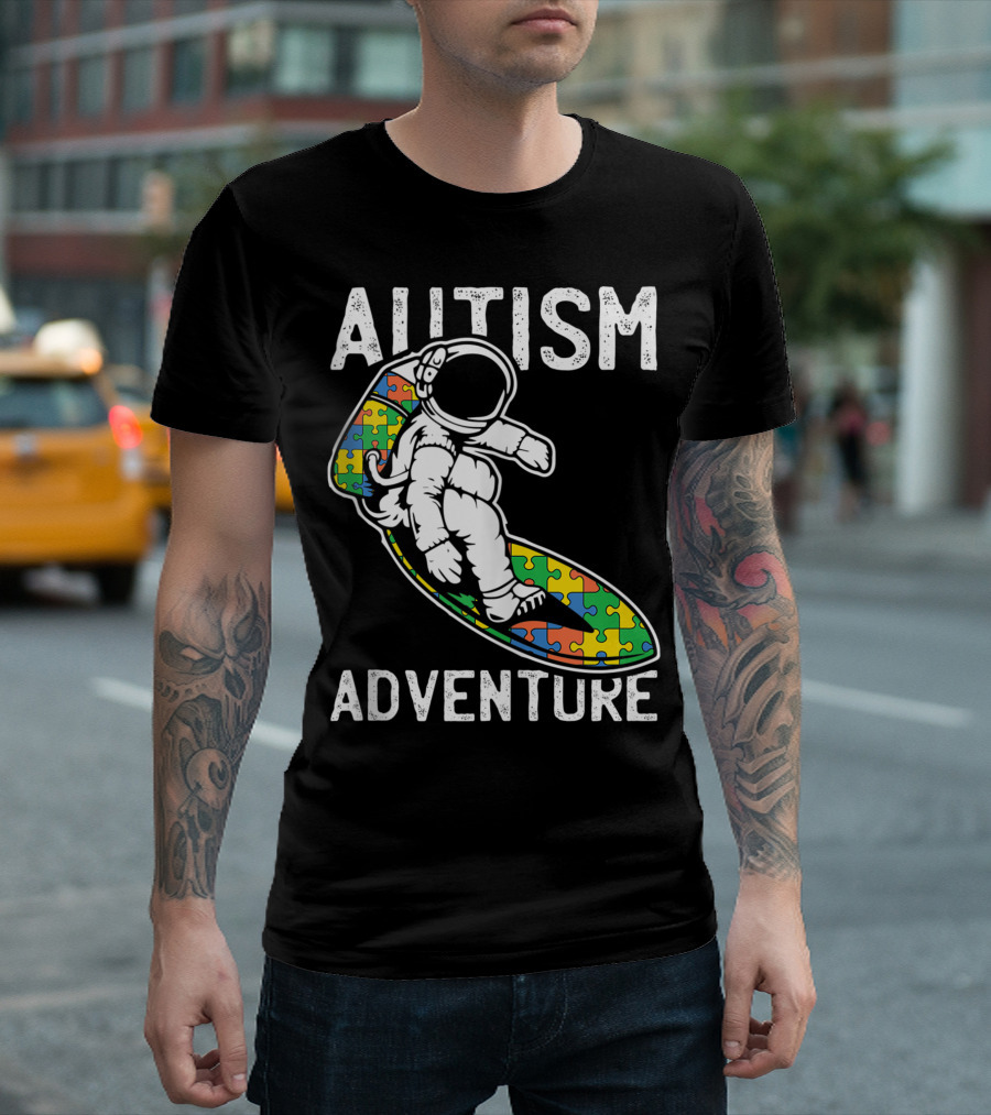 Autism Adventure Astronaut Surfing Puzzle Pieces T-Shirt