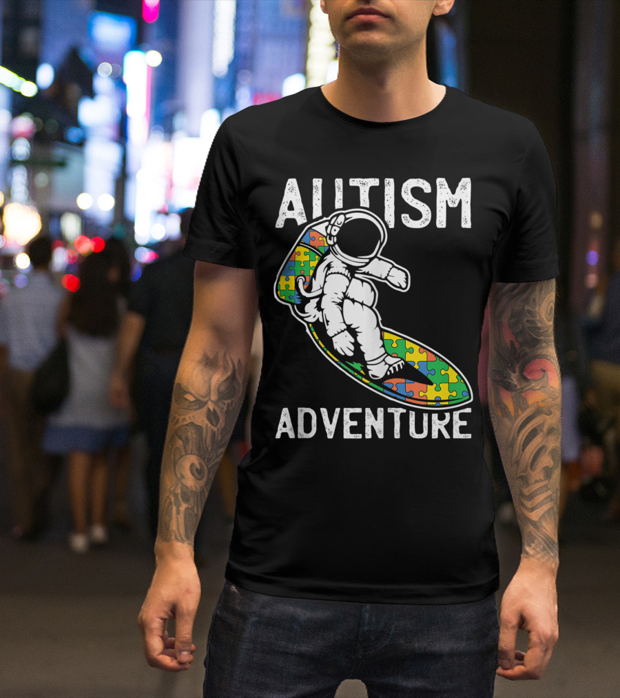 Autism Adventure Astronaut Surfing Puzzle Pieces T-Shirt