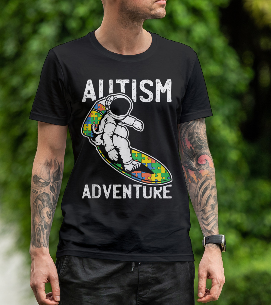 Autism Adventure Astronaut Surfing Puzzle Pieces T-Shirt