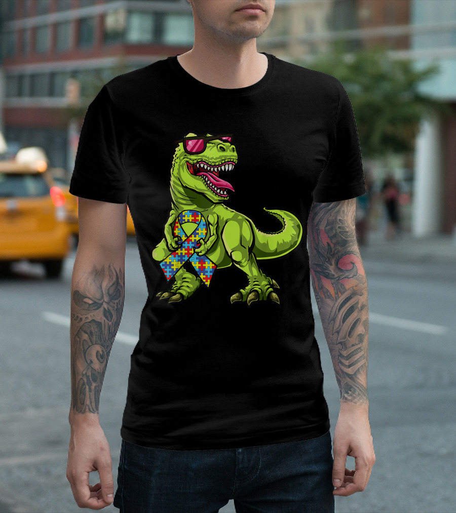 Autism Awareness Dinosaur Rex Holding Puzzle Ribbon Glasses T-Shirt