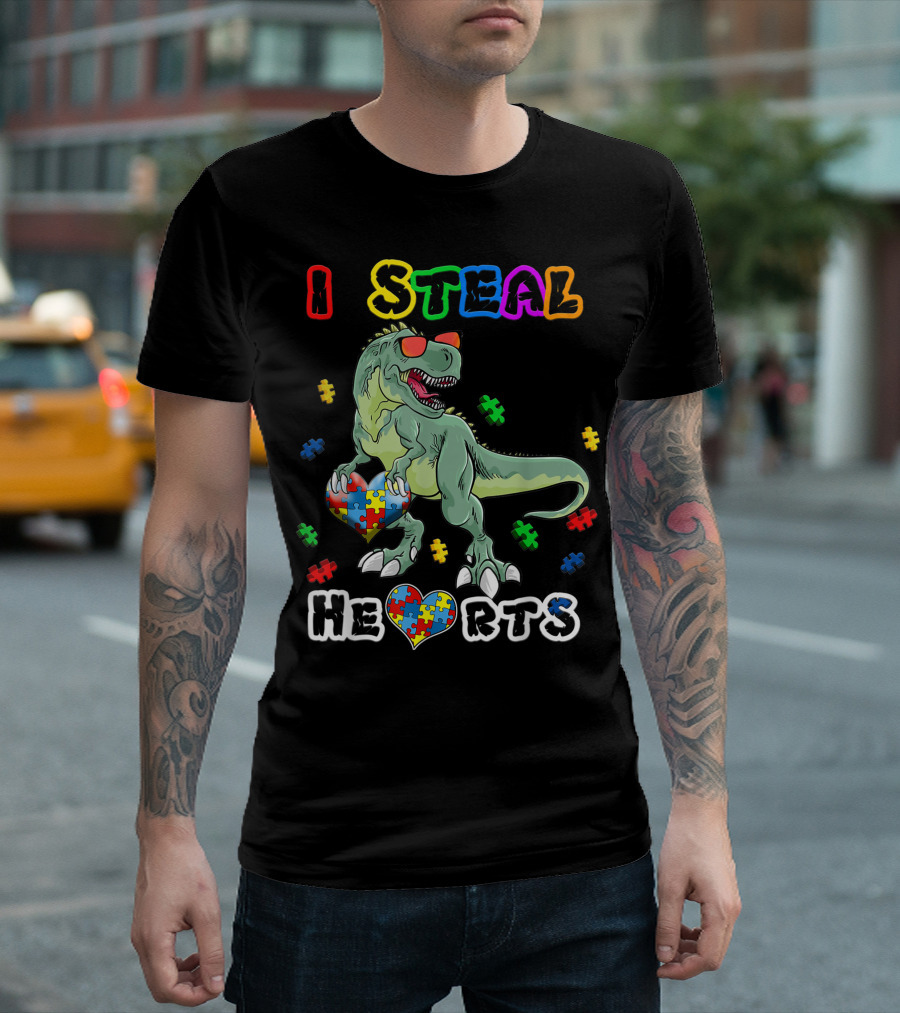 I Steal Hearts Dinosaur Autism Awareness Puzzle Pieces T-Shirt