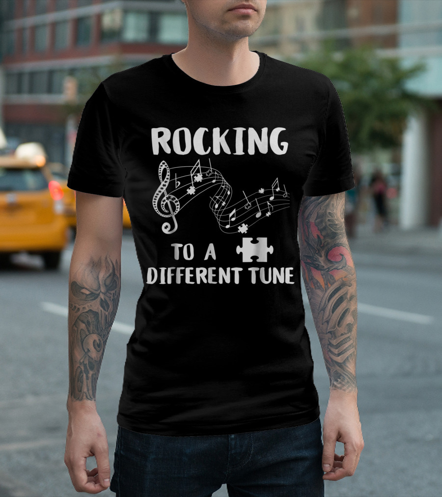 Rocking to a Different Tune Autism Awareness Puzzle Music Notes T-Shirt