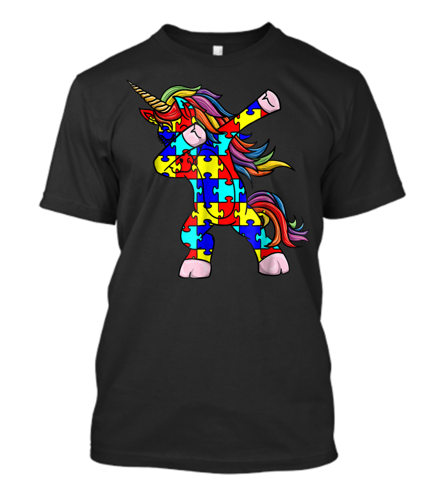 Autism Awareness Puzzle Pattern Dabbing Unicorn T-Shirt
