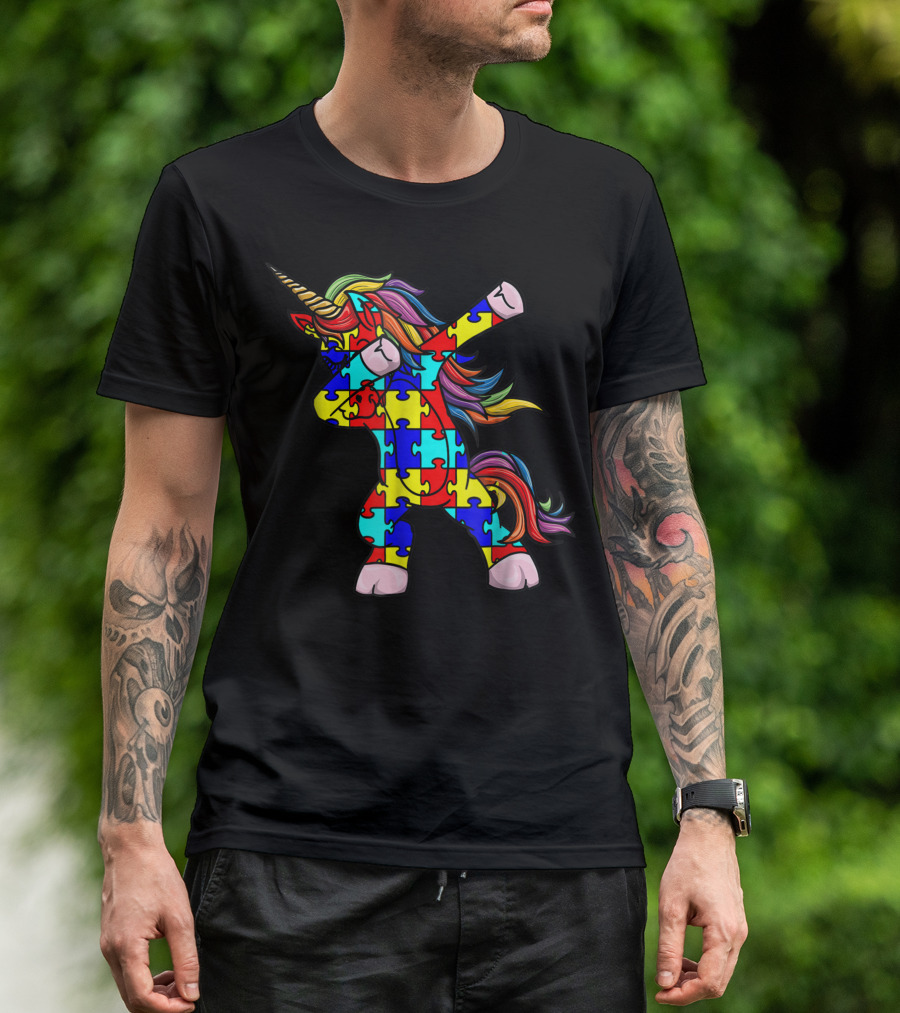 Autism Awareness Puzzle Pattern Dabbing Unicorn T-Shirt