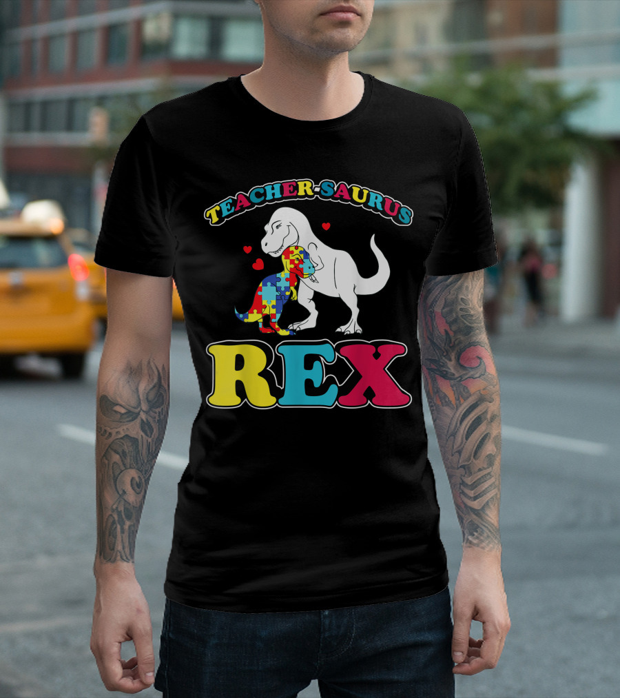 Teachersaurus Rex Autism Awareness Dinosaur Puzzle Heart T-Shirt