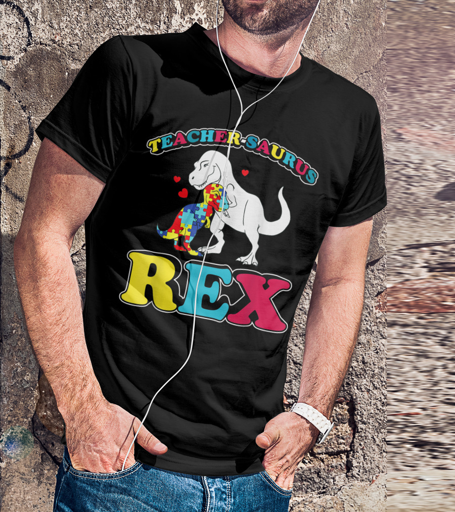 Teachersaurus Rex Autism Awareness Dinosaur Puzzle Heart T-Shirt