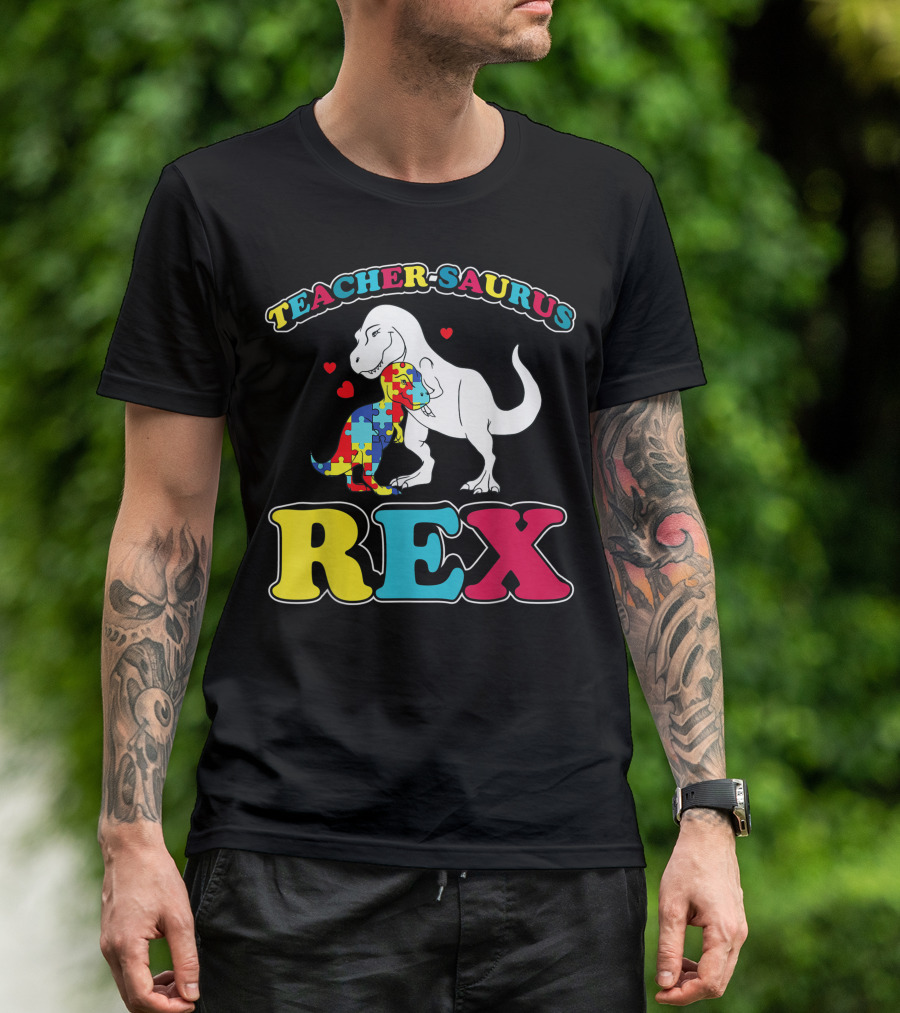 Teachersaurus Rex Autism Awareness Dinosaur Puzzle Heart T-Shirt