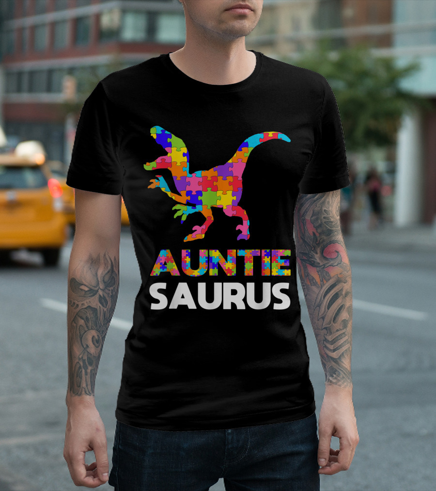 Auntie Saurus Autism Awareness Puzzle Pattern Autistic Aunt T-Shirt