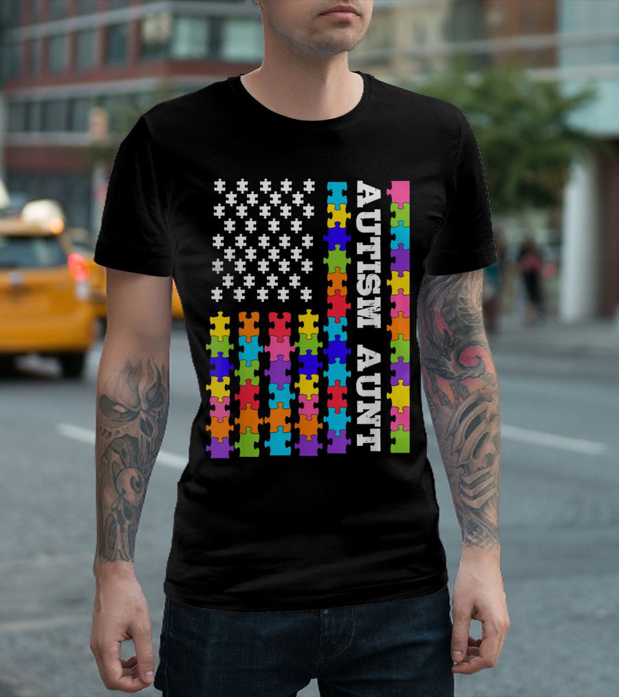 Autism Aunt Flag Rainbow Puzzle Autism Awareness Autistic Aunt T-Shirt