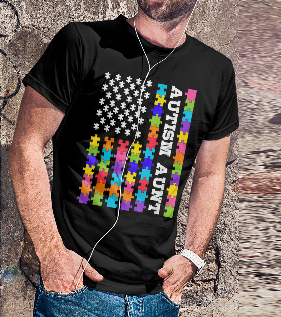 Autism Aunt Flag Rainbow Puzzle Autism Awareness Autistic Aunt T-Shirt