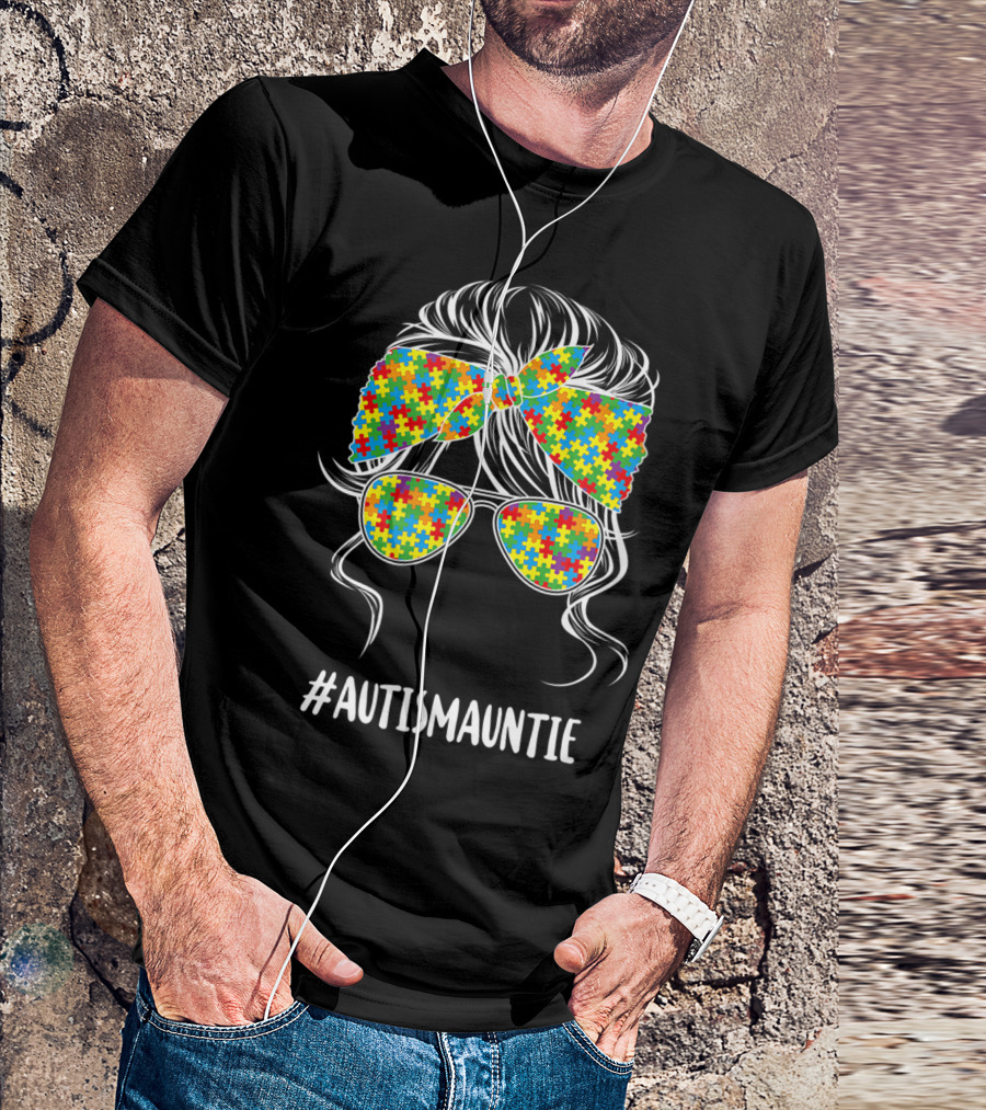 AutismAuntie Autism Awareness Puzzle Piece Bandana And Glasses T-Shirt