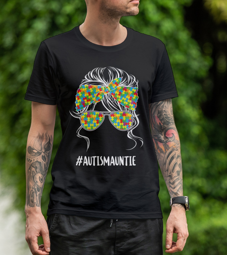 AutismAuntie Autism Awareness Puzzle Piece Bandana And Glasses T-Shirt
