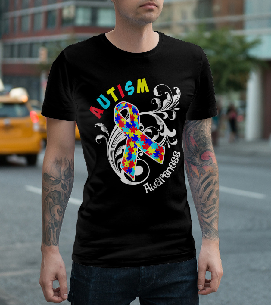 Autism Awareness Puzzle Ribbon with Decorative Flourish Background T-Shirt