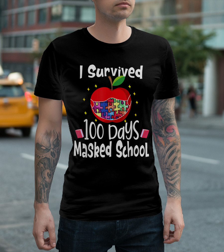 I Survived 100 Days Masked School Autism Awareness Puzzle Apple T-Shirt