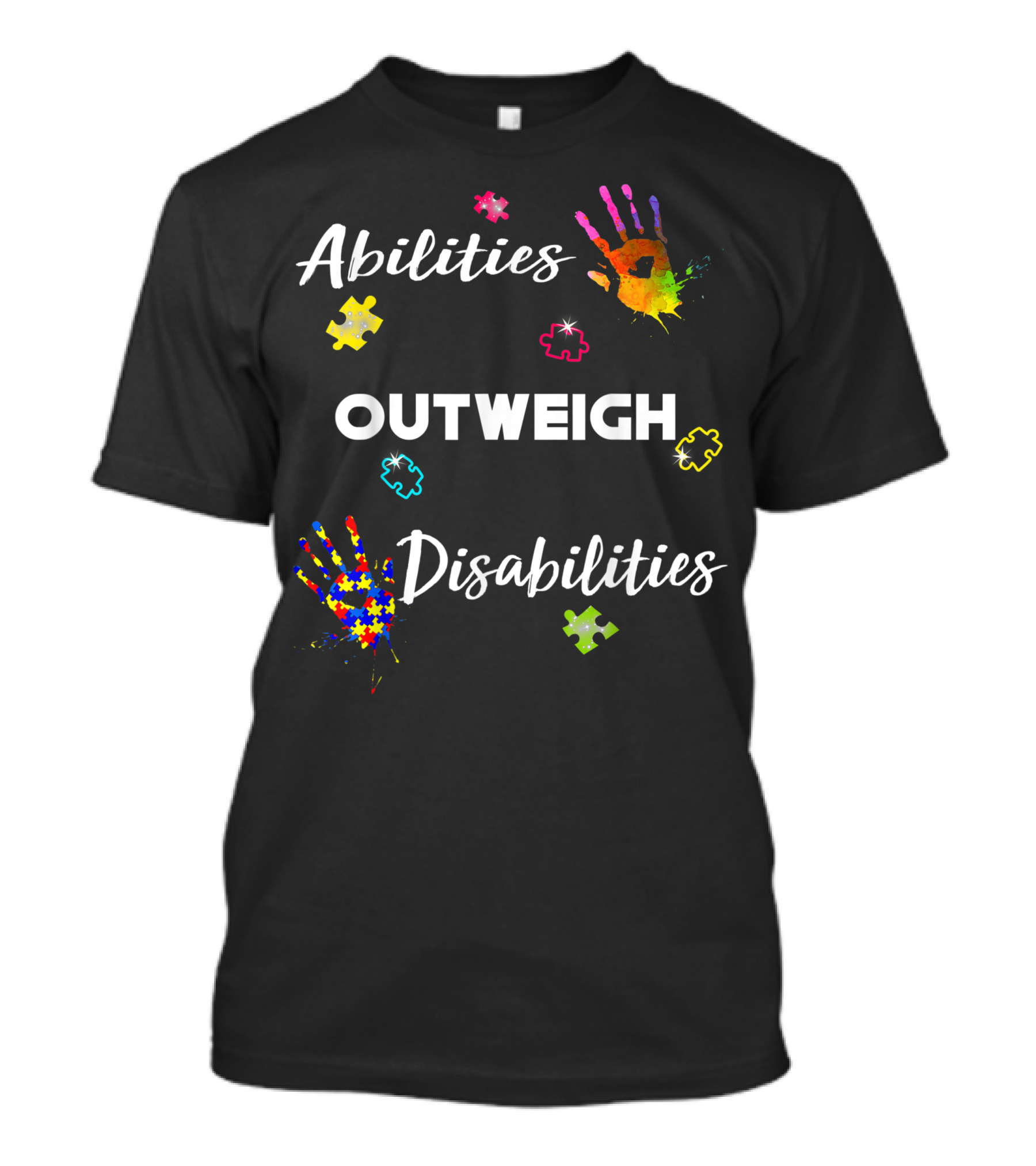 Abilities Outweigh Disabilities Autism Awareness Colorful Puzzle Hands T-Shirt