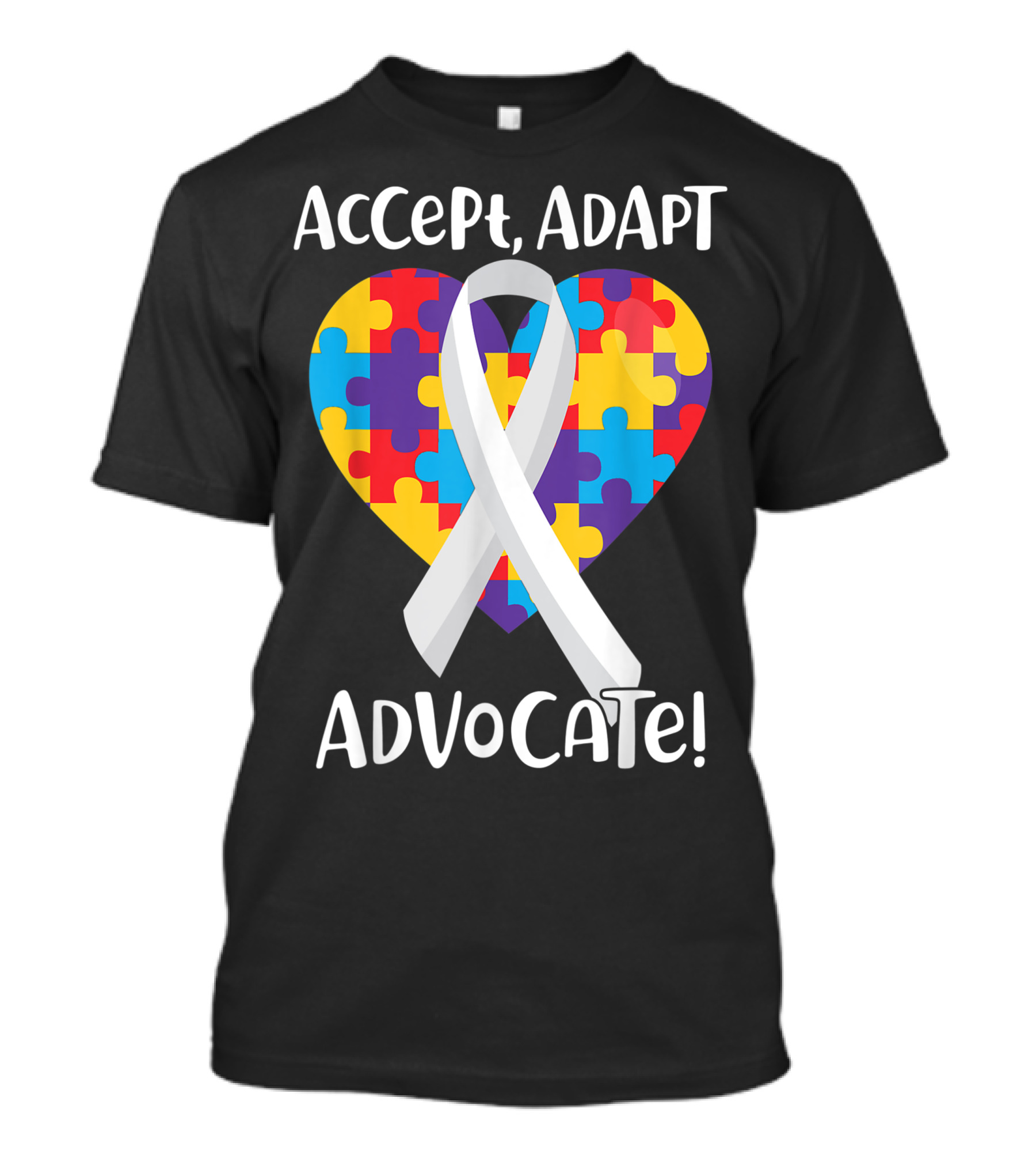 Accept Adapt Advocate Puzzle Heart Ribbon Autism Awareness T-Shirt