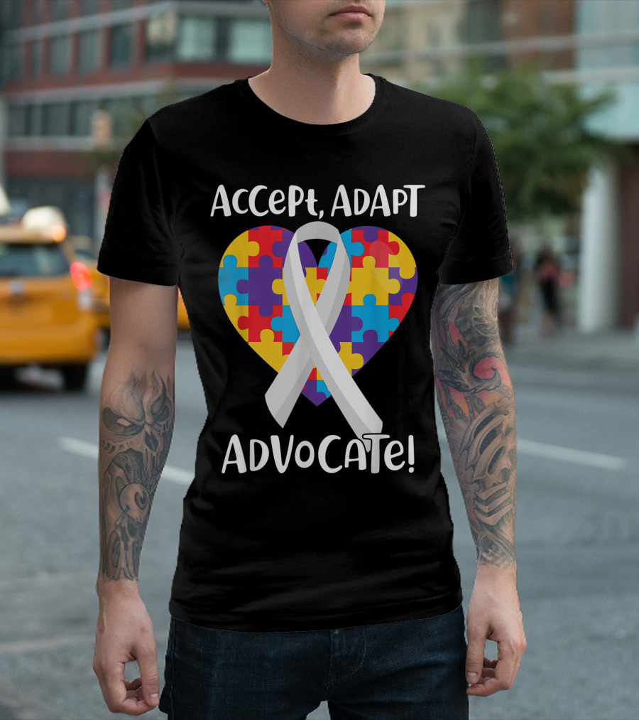 Accept Adapt Advocate Puzzle Heart Ribbon Autism Awareness T-Shirt