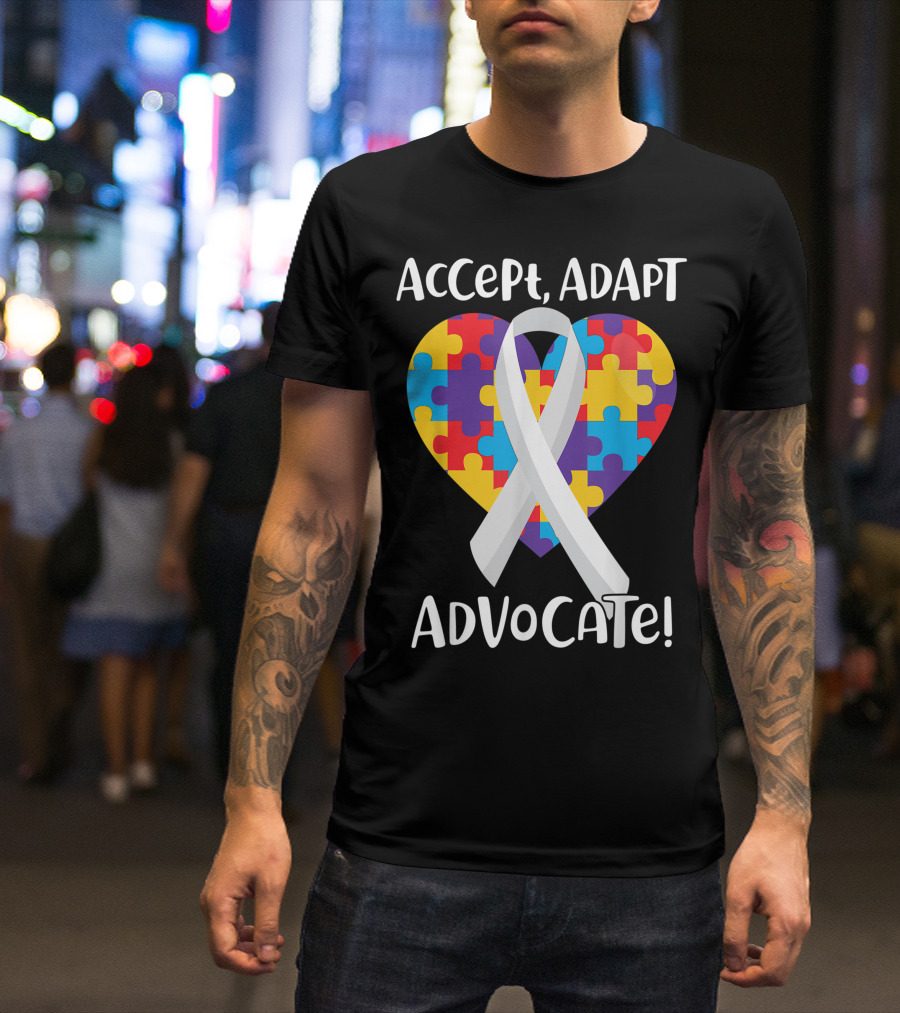 Accept Adapt Advocate Puzzle Heart Ribbon Autism Awareness T-Shirt
