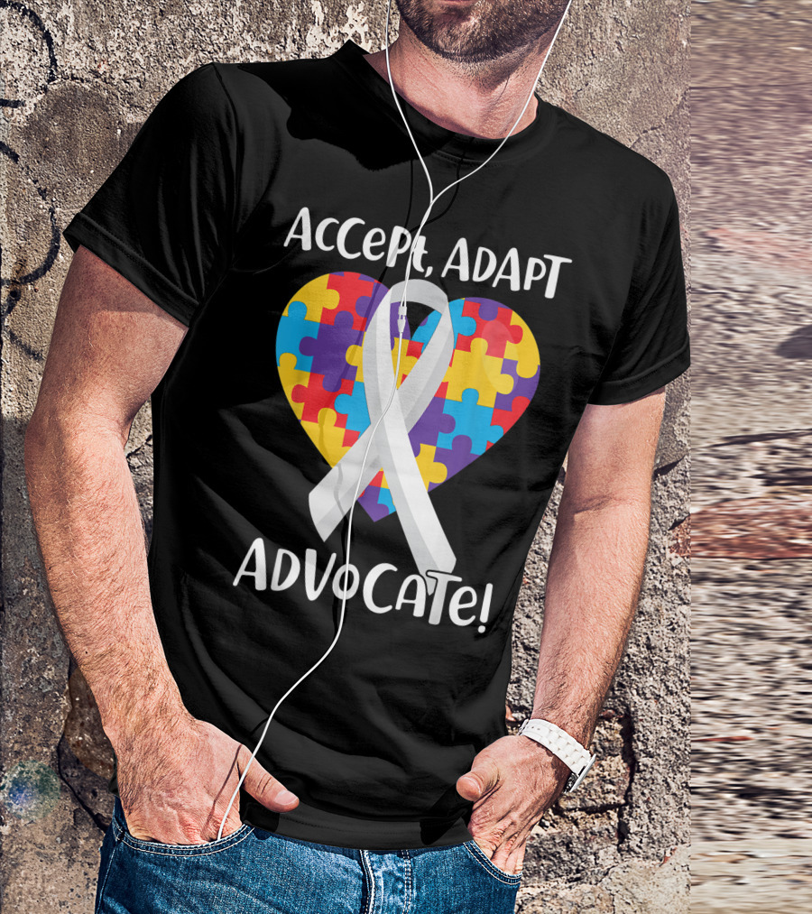 Accept Adapt Advocate Puzzle Heart Ribbon Autism Awareness T-Shirt