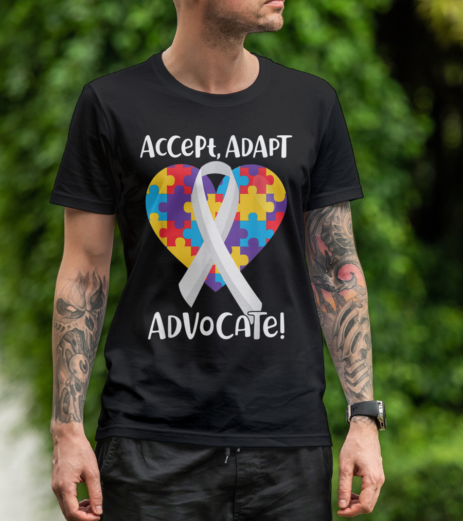 Accept Adapt Advocate Puzzle Heart Ribbon Autism Awareness T-Shirt