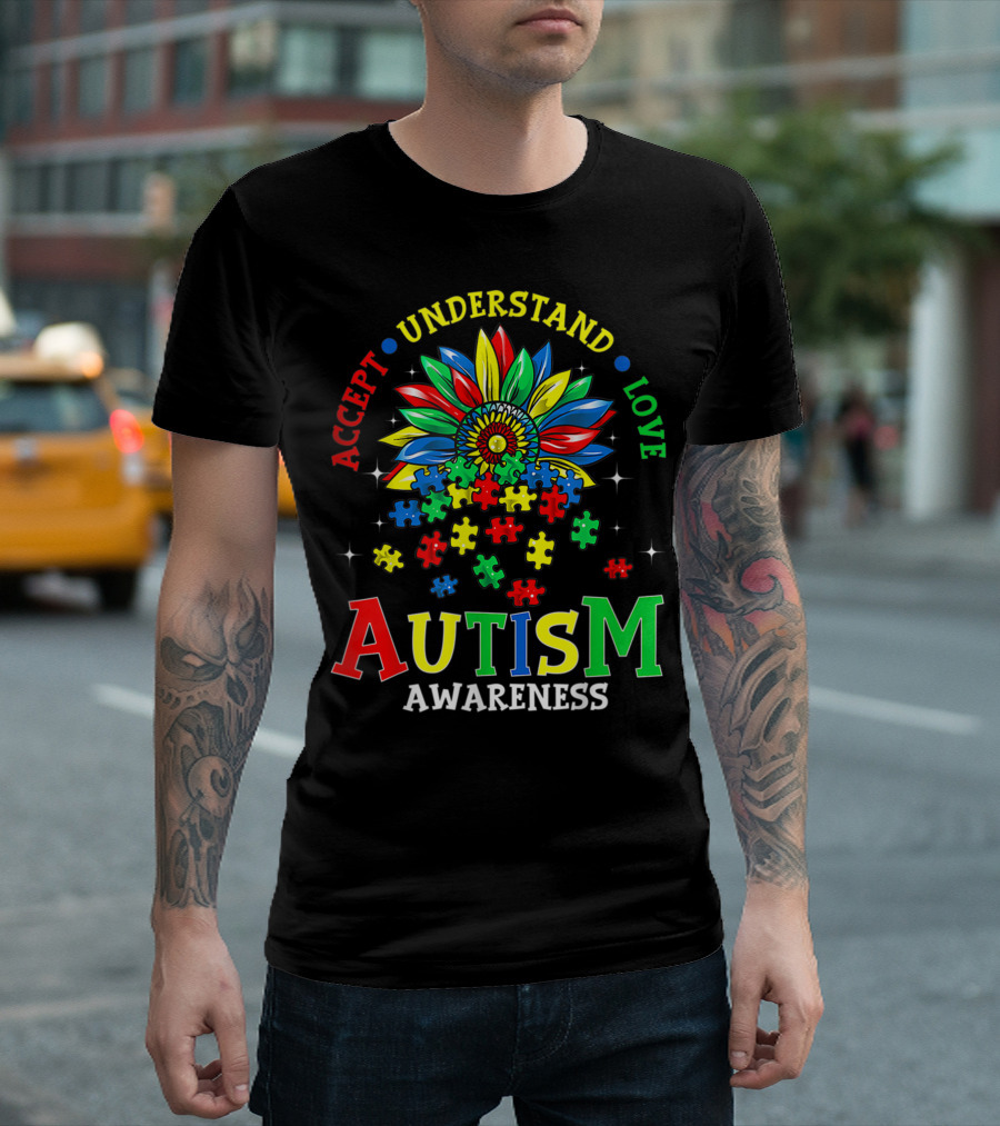 Accept Understand Love Flower and Puzzle Pieces Autism Awareness T-Shirt
