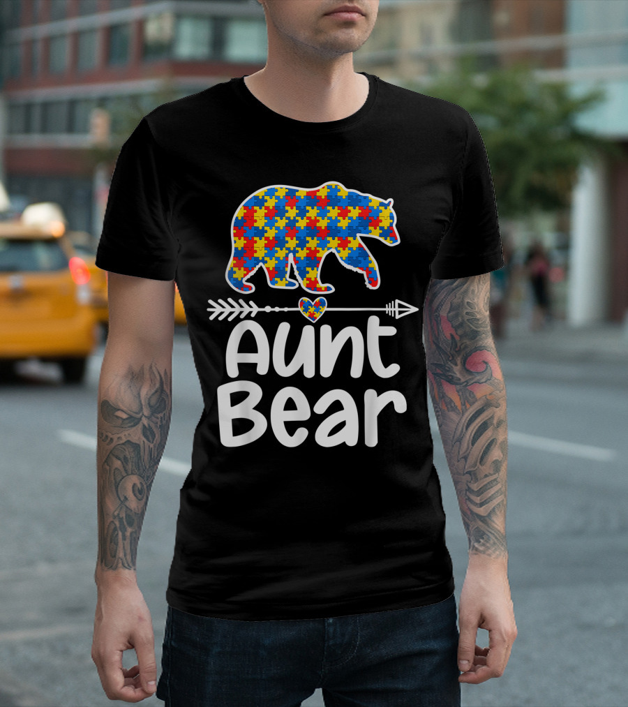 Aunt Bear Puzzle Pattern Autism Awareness Support Autistic Adults T-Shirt